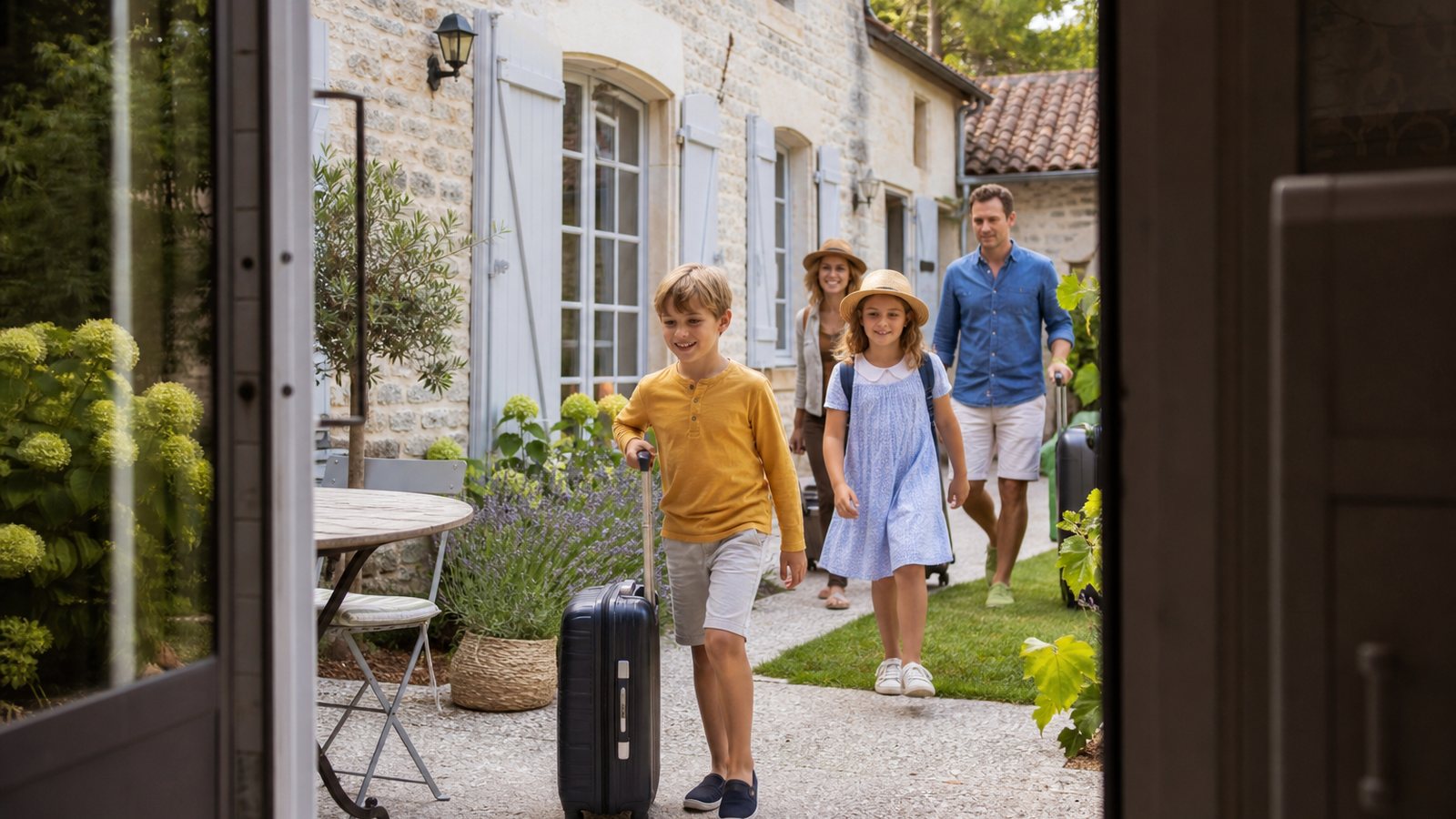 Famille avec enfants arrivant dans une location de vacances avec ses bagages