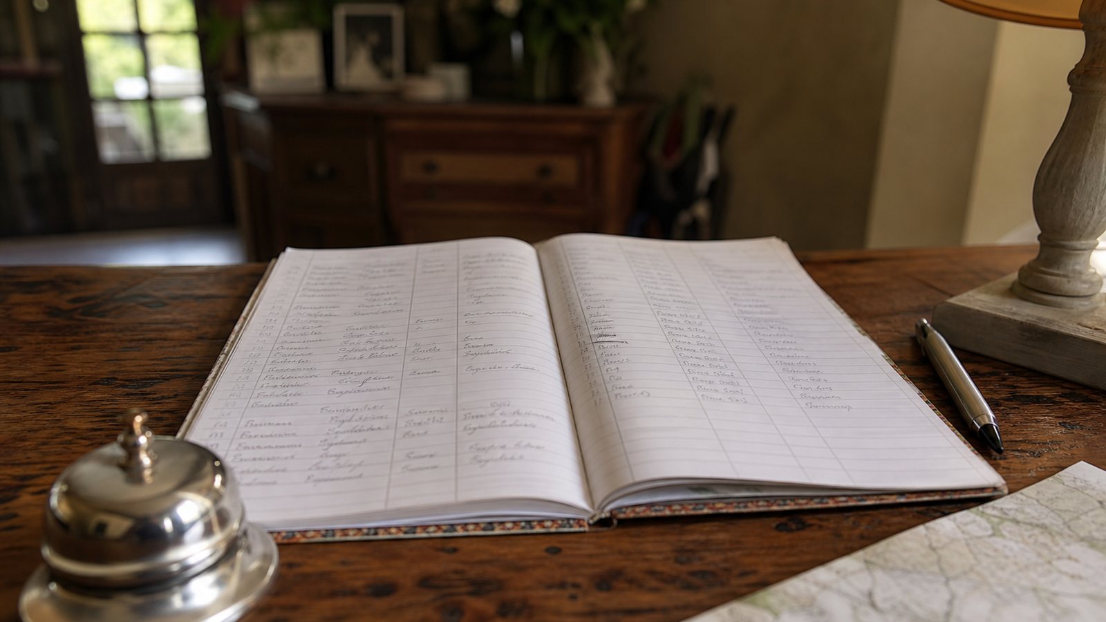 Cahier de registre du logeur ouvert sur un bureau avec des fiches de séjour